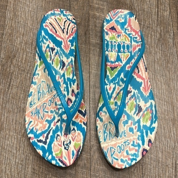 Sakroots Be Brave blue multi abstract print thong slip on flip flop sandals  9 - Picture 1 of 8
